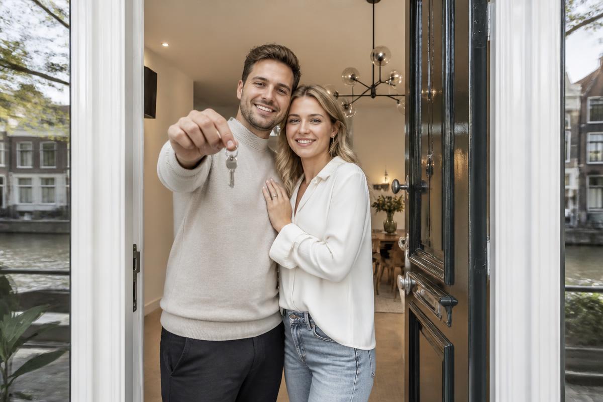 Blij stel met sleutels van hun nieuwe huis